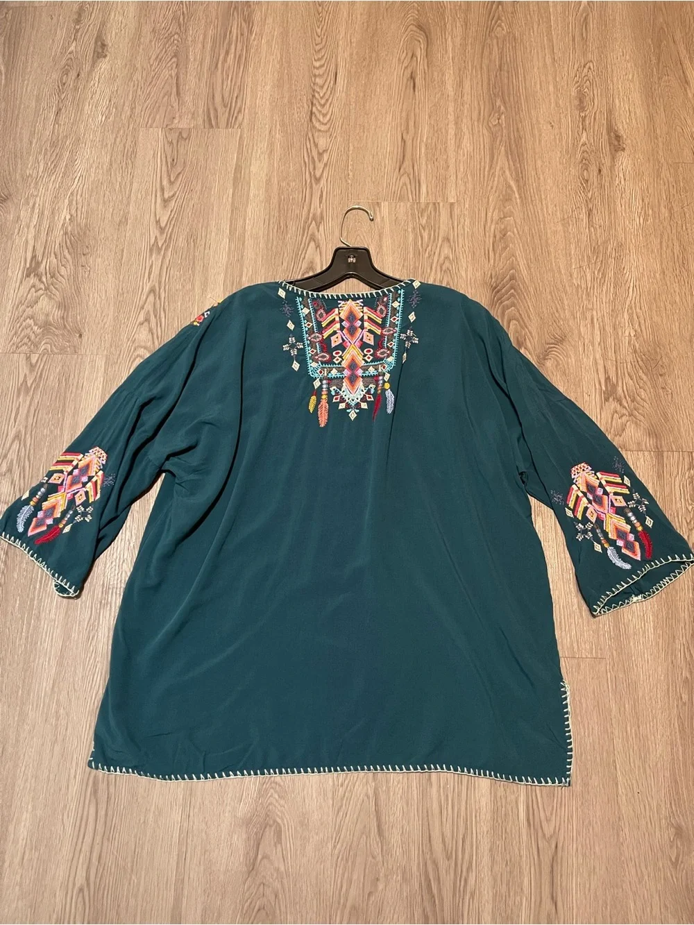 Embroidered Boho Tunic Top Deep Teal xl